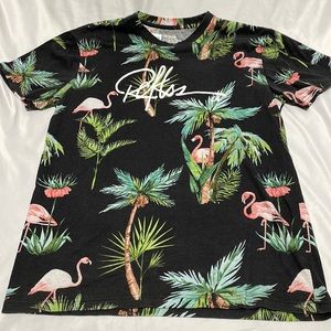 YR Flamingo Palm Tree Tropical Black Tee Shirt Size Medium
